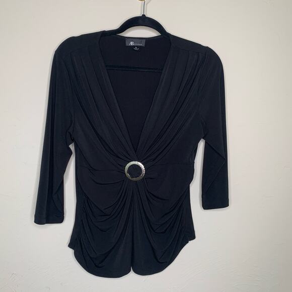 Y2K Black Slinky Blouse Knit Ring Ruched Bust Sz XL - Picture 3 of 5